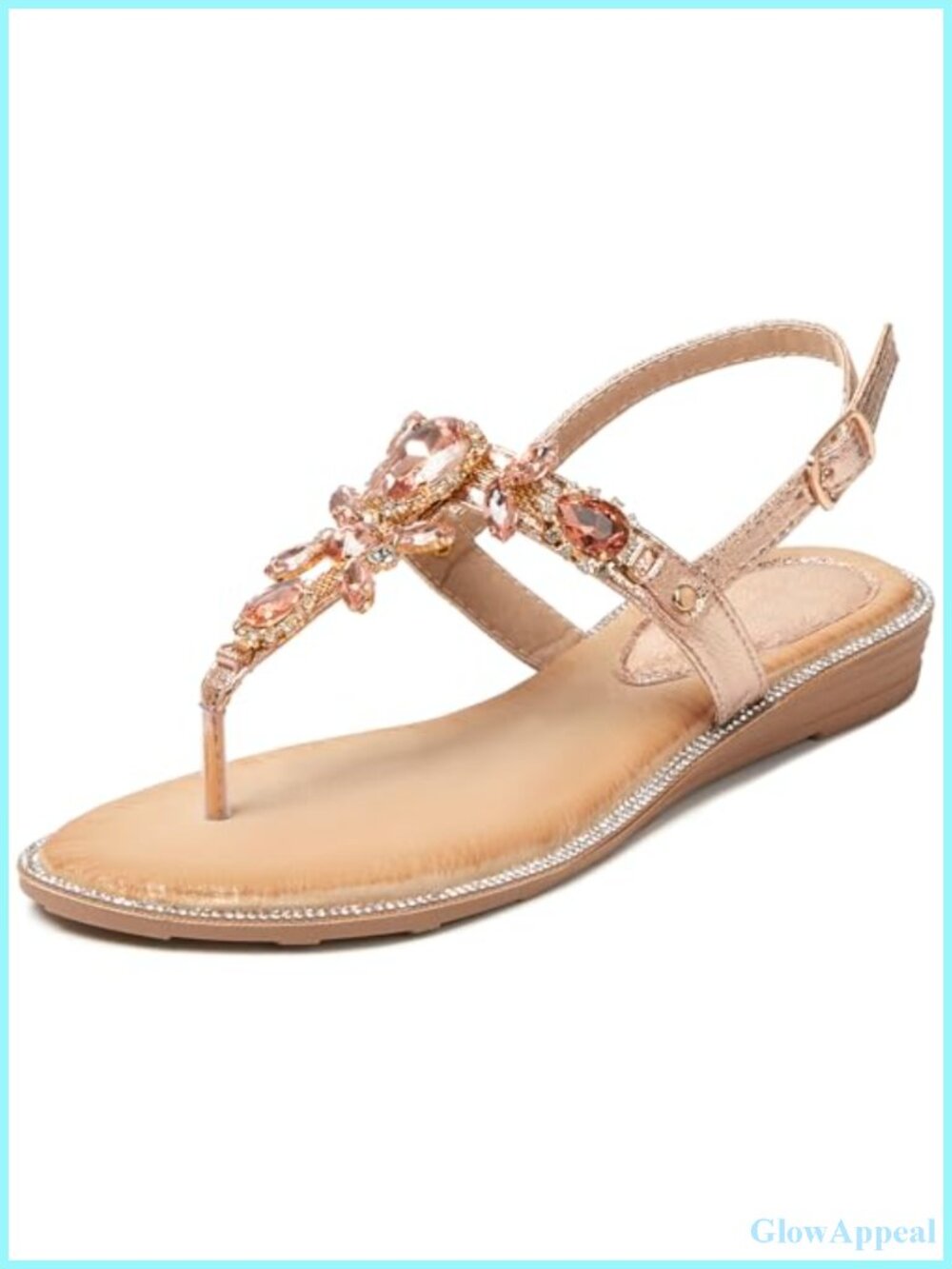 Rhinestone Flat Sandals T-Strap Adjustable Ankle Strap Bohemian Wedding